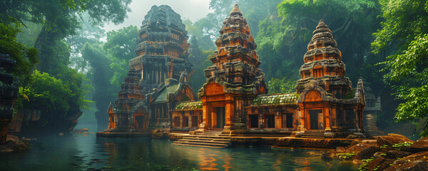 a mysterious temple in the jungle, tropical rainforest river landscape