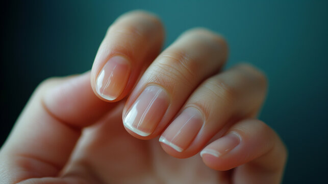 Close-up natural female nails. Short woman's manicure with shine. Healthy fingernails with Japanese manicure.