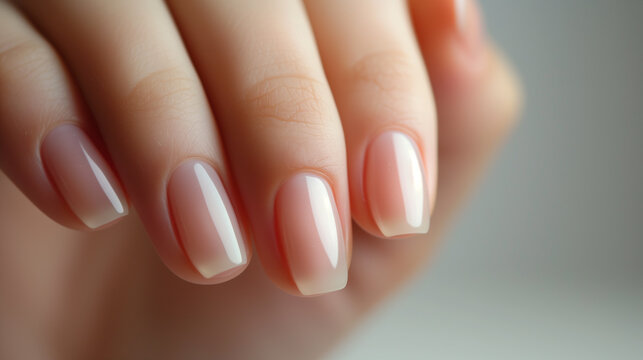 Close-up natural female manicure. Woman's fingernails with transparent nail polish.