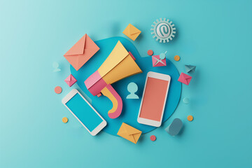 
paper cut style of social marketing concept, megaphone, email, smartphone.