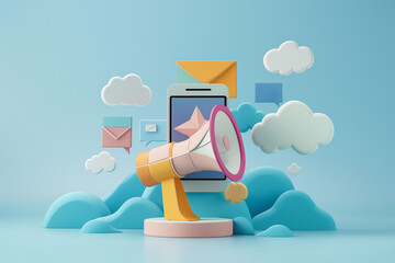 
paper cut style of social marketing concept, megaphone, email, smartphone.