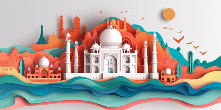 Paper cut style vector image of India with Taj Mahal and skyline with world famous landmarks