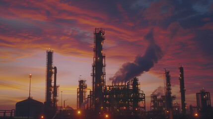 Obraz premium Sunset Refinery: A towering industrial plant emits smoke into the sky amidst the glowing sunset, blending technology with the environment