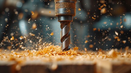 Up close, sawdust blasts from a rotating drill as it drills a hole in a wooden board, Generative AI.