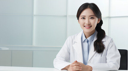 Smiling young asian female pharmacist in white pharmacy office, consultant usage medicine. Healthcare and pharmacy concept.