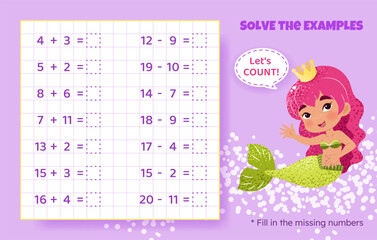Solve the examples. Addition and subtraction up to 20. Mathematical puzzle game. Worksheet for school, preschool kids. Vector illustration. Cartoon educational game with cute mermaid for children.