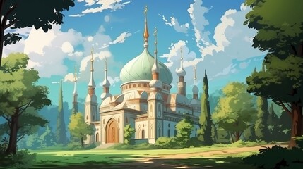 Beautiful mosque building with nature landscape. Cartoon or anime watercolor digital painting illustration style.
