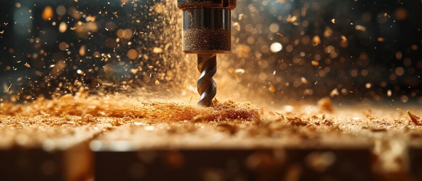 Up close, sawdust blasts from a rotating drill as it drills a hole in a wooden board, Generative AI.