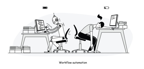 Illustration metaphor means implementation and automation of business workflows. A powerful robot and a tired human work. The superiority of robots over humans.