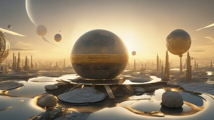 ufo over the planet _A bright and futuristic planet with metallic and geometric structures, floating islands,  