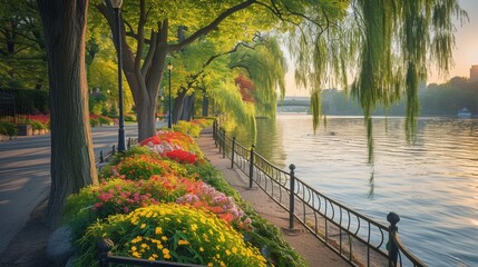A tranquil riverside promenade, lined with ancient willows and colorful flower beds, where the sound of running water provides the soundtrack for an evening jog or a leisurely bike ride along the wind - obrazy, fototapety, plakaty
