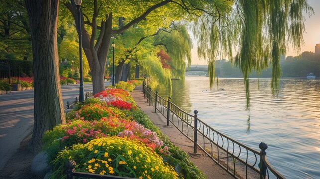 A tranquil riverside promenade, lined with ancient willows and colorful flower beds, where the sound of running water provides the soundtrack for an evening jog or a leisurely bike ride along the wind