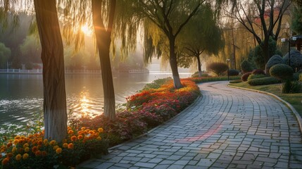 A tranquil riverside promenade, lined with ancient willows and colorful flower beds, where the sound of running water provides the soundtrack for an evening jog or a leisurely bike ride along the wind