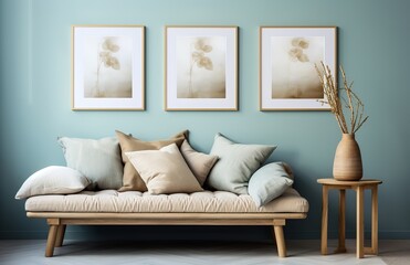 Bright modern living room interior with white sofas and cushions, floor lamps and flower frames, with blue walls