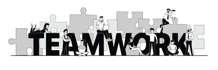 Employees work cohesively on the same project in the company. Synergy, teamwork, collaboration, dream team. Business illustration on the topic of teamwork