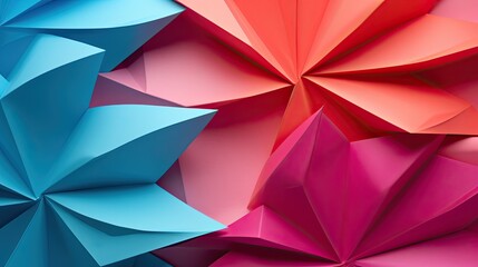 geometric paper origami background, turquoise pink orange red, photography depth of field