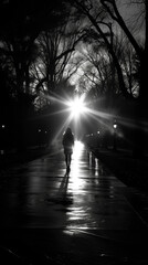 Obraz premium Hope. A solitary figure walks towards a radiant light, symbolizing hope and awakening in a serene, lamp-lit path through a misty park.