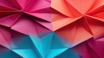 geometric paper origami background, turquoise pink orange red, photography depth of field