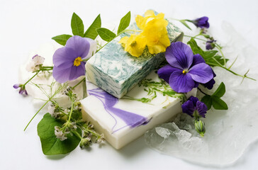 Obraz na płótnie Canvas a soap bar with flowers on top of it on a piece of paper with ice crystals on it and a few flowers on the side, generative ai