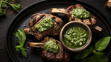 Overhead view of lamb chops prepared with pesto.
