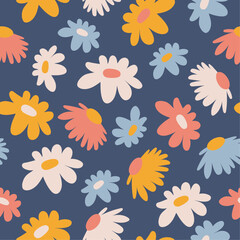 Multi-colored flower buds on a dark blue background. Repeatable vector pattern for textile, fabric and print.