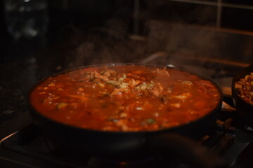 hot frying pan with dinner