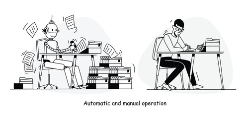 A robot with automated processes and a human doing things manually. Vector business illustration on the effectiveness of automated systems in business.
