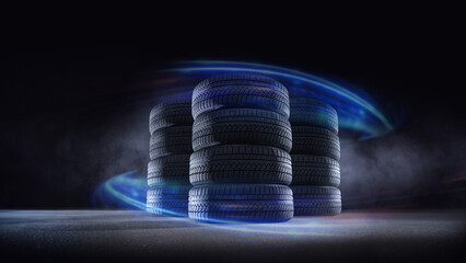 car tire stack at repairing service on black background. Transportation and automotive maintenance...