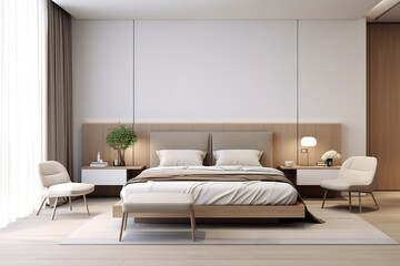 Modern bedroom 3d rendering. Rooms have wooden floors and white walls. Equipped with wooden furniture with a combination of beige and white. There is a large window facing outside. 