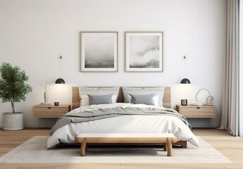 The warm interior of the bedroom is a combination of white and gray colors, consisting of a small wooden table on the right and left, a sleeping lamp, green plants in pots, two paintings and wooden fl