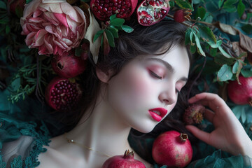 portrait of a pretty female with dark hair laying with pomegranates and flowers around her