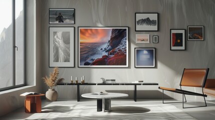 elegant digital art frame displays a rotating collection of mesmerizing images, its slim profile blending seamlessly with the modern decor - Powered by Adobe