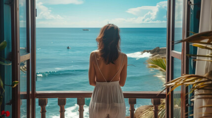 Woman looking at ocean from balcony.