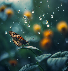 a butterfly under the raindrops