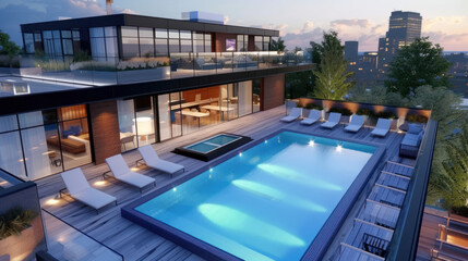 Fototapeta na wymiar Swimming pool on top of roof deck building.