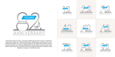 set of anniversary logotype silver color with ornament and blue ribbon for special celebration event