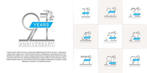 set of anniversary logotype silver color with ornament and blue ribbon for special celebration event