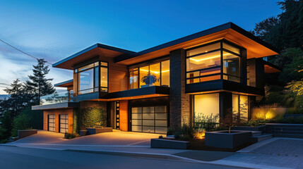 Naklejka premium Modern house illuminated at night.