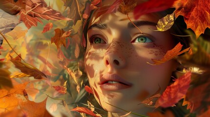 Autumn leaves dance in the background of a computer-generated portrait, evoking the passage of time and the beauty of change