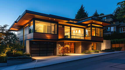 Modern house illuminated at night.