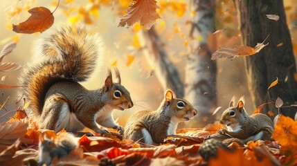 Naklejka premium elight in the playful antics of a family of squirrels frolicking amidst the fallen leaves of an autumn forest