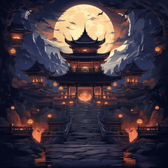 A panoramic view capturing the serene beauty of an ancient Chinese temple amidst the tranquil night, adorned with traditional architecture