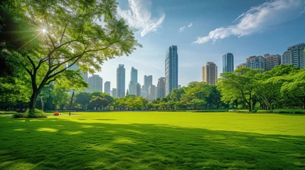 Fototapeten Public park and high-rise buildings cityscape in metropolis city center. Green environment city and downtown business district in panoramic view. © Santy Hong