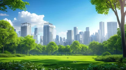 Poster Public park and high-rise buildings cityscape in metropolis city center. Green environment city and downtown business district in panoramic view. © Santy Hong