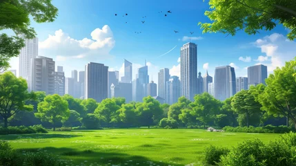 Foto op Canvas Public park and high-rise buildings cityscape in metropolis city center. Green environment city and downtown business district in panoramic view. © Santy Hong