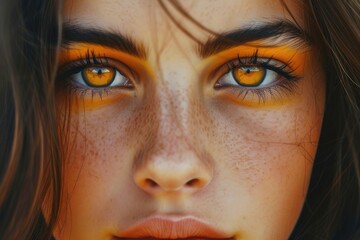 Fototapeta premium portrait of a pretty female with dark hair and yellow orange eyes