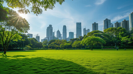 Fototapeta premium Public park and high-rise buildings cityscape in metropolis city center. Green environment city and downtown business district in panoramic view.