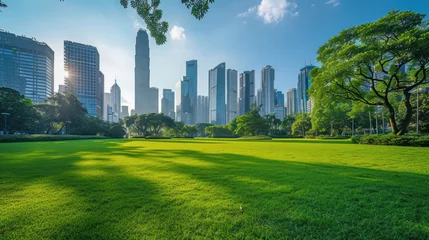 Foto op Aluminium Public park and high-rise buildings cityscape in metropolis city center. Green environment city and downtown business district in panoramic view. © Santy Hong