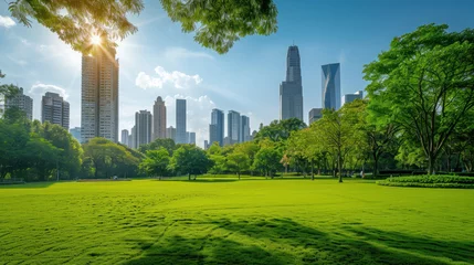 Gordijnen Public park and high-rise buildings cityscape in metropolis city center. Green environment city and downtown business district in panoramic view. © Santy Hong