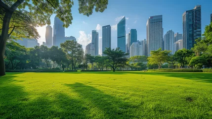 Gordijnen Public park and high-rise buildings cityscape in metropolis city center. Green environment city and downtown business district in panoramic view. © Santy Hong